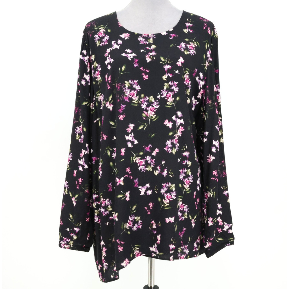 J Jill Top Womens XL Black Floral Blouse Round Neck Rayon Career Lagenlook